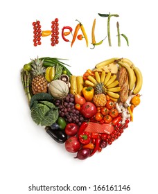 Healthy Food Choice / Healthy Food Symbol Represented By Foods In The Shape Of A Heart To Show The Health Concept Of Eating Well With Fruits And Vegetables 