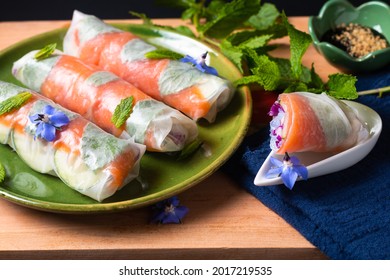 Healthy Food Concept Fresh Smoked Salmon Rice Paper Spring Rolls With Colorful Vegetable With Copy Space