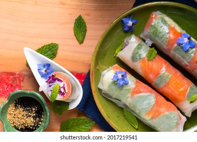 Healthy Food Concept Fresh Smoked Salmon Rice Paper Spring Rolls With Colorful Vegetable With Copy Space