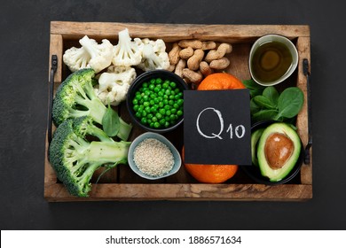 Healthy Food Contains Coenzyme Q10, Supports Immune System. Top View, Chalkboard
