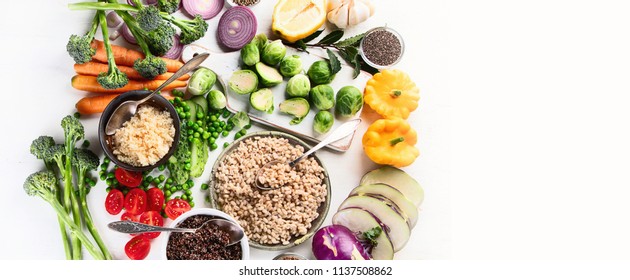 Healthy food cooking. Clean, vegan, vegetarian balanced eating. Ntrient rich foods concept. Panorama - Shutterstock ID 1137508862