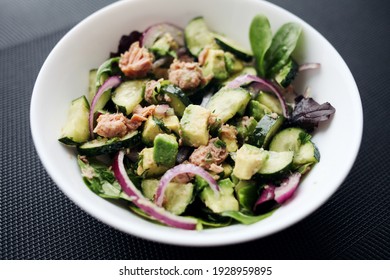 Healthy Food. Cucumber Tuna Avocado Salad. 