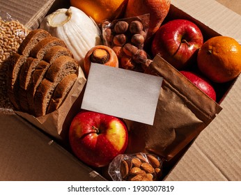 Healthy Food Delivery Flat Lay Harsh Shadows Card Mockup. Take Away Natural Organic Products Package. Donation Box New Normal Online Shopping Safe Delivery Concept. Fruits Vegetables Grains Bread Nuts