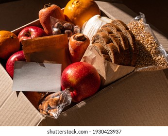 Healthy Food Delivery Flat Lay Harsh Shadows Card Mockup. Take Away Natural Organic Products Package. Donation Box New Normal Online Shopping Safe Delivery Concept. Fruits Vegetables Grains Bread Nuts