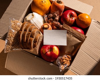 Healthy Food Delivery Flat Lay Harsh Shadows Card Mockup. Take Away Natural Organic Products Package. Donation Box New Normal Online Shopping Safe Delivery Concept. Fruits Vegetables Grains Bread Nuts