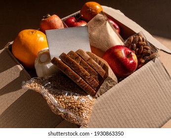 Healthy Food Delivery Flat Lay Harsh Shadows Card Mockup. Take Away Natural Organic Products Package. Donation Box New Normal Online Shopping Safe Delivery Concept. Fruits Vegetables Grains Bread Nuts