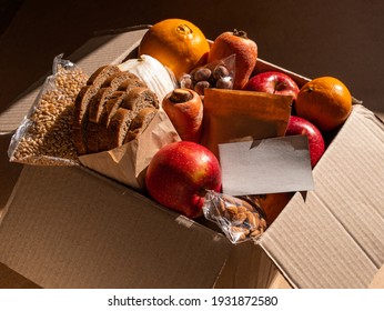 Healthy Food Delivery Flat Lay Harsh Shadows Card Mockup. Take Away Natural Organic Products Package. Donation Box New Normal Online Shopping Safe Delivery Concept. Fruits Vegetables Grains Bread Nuts