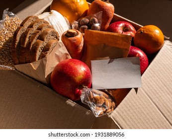 Healthy Food Delivery Flat Lay Harsh Shadows Card Mockup. Take Away Natural Organic Products Package. Donation Box New Normal Online Shopping Safe Delivery Concept. Fruits Vegetables Grains Bread Nuts