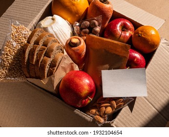 Healthy Food Delivery Flat Lay Harsh Shadows Card Mockup. Take Away Natural Organic Products Package. Donation Box New Normal Online Shopping Safe Delivery Concept. Fruits Vegetables Grains Bread Nuts