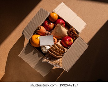 Healthy Food Delivery Flat Lay Harsh Shadows Card Mockup. Take Away Natural Organic Products Package. Donation Box New Normal Online Shopping Safe Delivery Concept. Fruits Vegetables Grains Bread Nuts