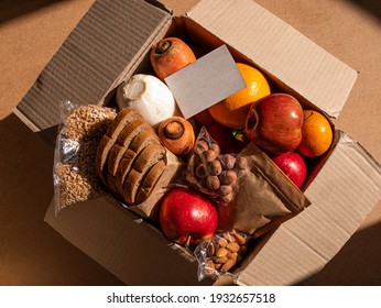 Healthy Food Delivery Flat Lay Harsh Shadows Card Mockup. Take Away Natural Organic Products Package. Donation Box New Normal Online Shopping Safe Delivery Concept. Fruits Vegetables Grains Bread Nuts