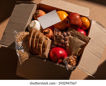 Healthy Food Delivery Flat Lay Harsh Shadows Card Mockup. Take Away Natural Organic Products Package. Donation Box New Normal Online Shopping Safe Delivery Concept. Fruits Vegetables Grains Bread Nuts