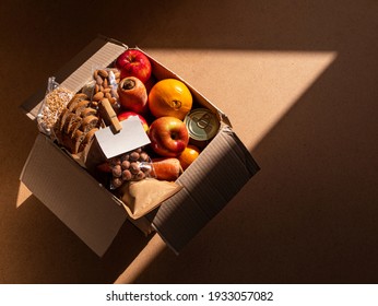 Healthy Food Delivery Flat Lay Harsh Shadows Card Mockup. Take Away Natural Organic Products Package. Donation Box New Normal Online Shopping Safe Delivery Concept. Fruits Vegetables Grains Bread Nuts