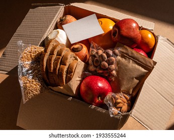 Healthy Food Delivery Flat Lay Harsh Shadows Card Mockup. Take Away Natural Organic Products Package. Donation Box New Normal Online Shopping Safe Delivery Concept. Fruits Vegetables Grains Bread Nuts