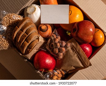 Healthy Food Delivery Flat Lay Harsh Shadows Card Mockup. Take Away Natural Organic Products Package. Donation Box New Normal Online Shopping Safe Delivery Concept. Fruits Vegetables Grains Bread Nuts