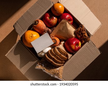 Healthy Food Delivery Flat Lay Harsh Shadows Card Mockup. Take Away Natural Organic Products Package. Donation Box New Normal Online Shopping Safe Delivery Concept. Fruits Vegetables Grains Bread Nuts