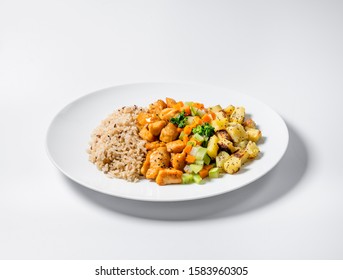 Healthy Food, Diced Chicken, Vegetable Salad, Sweet Potato And Brown Rice Isolated On White Background