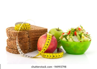 Healthy Food For Diet As Bread Fruit And Vegetables With Measurement Tape