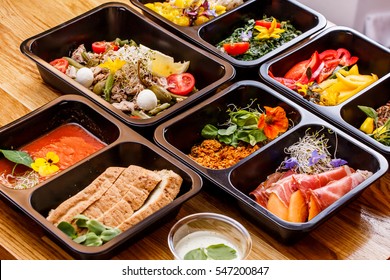 Healthy Food And Diet Concept, Restaurant Dish Delivery. Take Away Of Fitness Meal. Weight Loss Nutrition In Foil Boxes. 