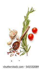 Healthy Food & Drink Diet & Italian Lifestyle: Mediterranean Vegetable Herbs & Spice Healthy Cuisine. Italian Herb Rosemary Garlic Red Cherry Tomato & Peppers. Top View Isolated On White 