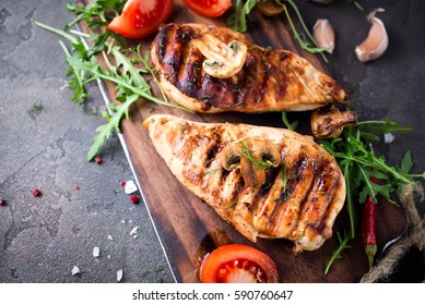 Healthy Food - Grilled Chicken With Vegetables On A Wooden Board