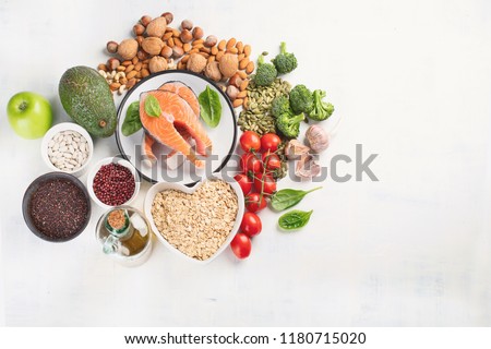 Healthy food for heart. Cholesterol diet.  Healthy heart concept. Top view with copy space