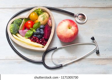 Healthy food in heart diet concept with stethoscope