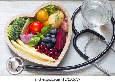 Healthy Food In Heart Diet Concept With Stethoscope