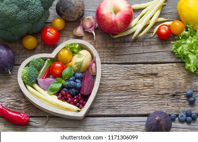 Healthy Food In Heart Diet Cooking Concept With Fresh Fruits And Vegetables