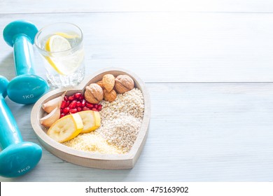 Healthy Food In Heart And Water Diet Sport Lifestyle Concept