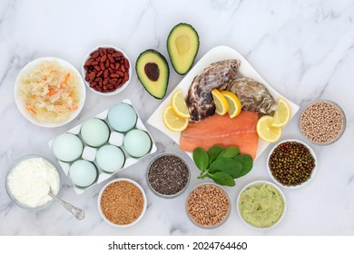 Healthy Food To Help People With Bi Polar Disorder And Manic Depression High In Omega 3, Protein, Selenium, Magnesium, Serotonin And Tryptophan. Alternative Health Food Concept. Flat Lay.