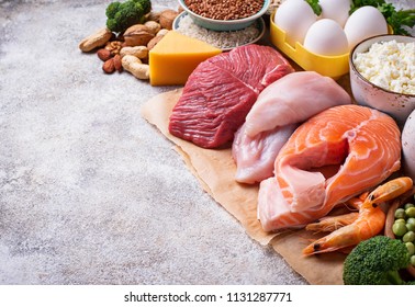 Healthy Food High In Protein. Meat, Fish, Dairy Products, Nuts And Beans