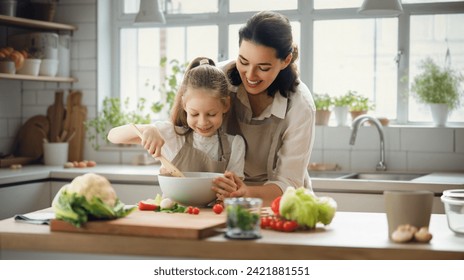 Healthy food at home. Happy family in the kitchen. Mother and child daughter are preparing proper meal. - Powered by Shutterstock