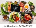 Healthy food, keto diet, diet lunch concept. Assortment of various healthy keto mealsю Top view on white background.