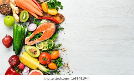 Healthy Food Menu: Fish Meat, Vegetables And Fruits. Diet Menu.