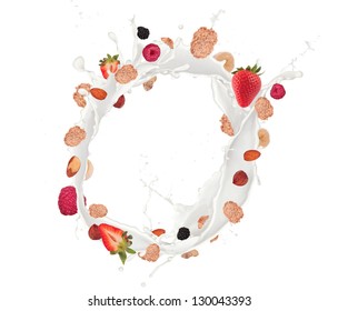 Healthy food and milk with flying cereals and fruit, isolated on white background
