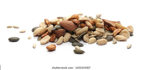 Healthy Food Mix Of Salted And Spicy Peanuts, Sunflower And Pumpkin Seeds, Almonds Isolated On White Background