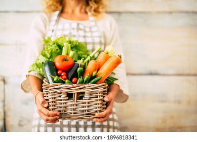 Healthy food nutrition concept and agriculture store owner concept with woman holding a bucket full of fresh vegetables - diet and weight loss health lifestyle