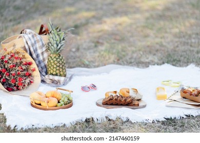 Healthy Food On Picnic Blanket With Fresh Fruits At Summer On Backyard In Suburb