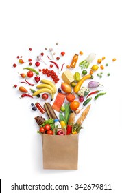 Healthy Food In Package / Studio Photography Of Different Fruits And Vegetables Isolated On White Backdrop, Top View. High Resolution Product.