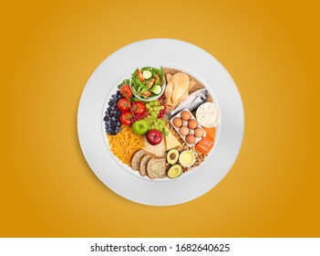 Healthy Food Pie Chart On White Plate, Healthy Balanced Eating Concept. Food Sources Of Carbohydrates, Proteins And Fats In Proper Proportions For Diet And Nutrition Planning. Top View  