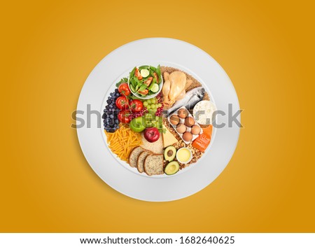 Healthy food pie chart on white plate, healthy balanced eating concept. Food sources of carbohydrates, proteins and fats in proper proportions for diet and nutrition planning. Top view  