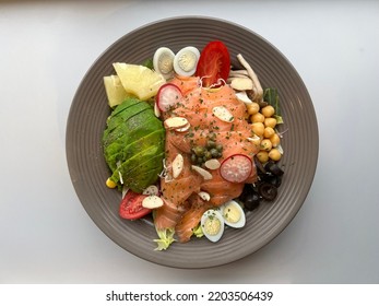 Healthy Food. Salmon And Avocado , Vegetable Green Salad. 