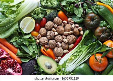 Healthy Food. Selection Of Vegetables And Fruits For Ketogenic Diet, Clean Eating, Plant Based, Vegetarian And Super Food Concept.