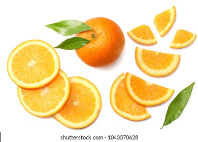 Healthy Food. Sliced Orange With Green Leaf Isolated On White Background Top View