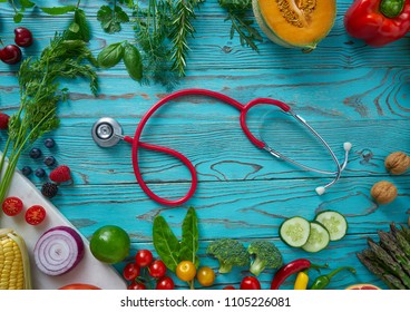 Healthy Food Vegetables For Heart Heath On Wooden Turquoise Background