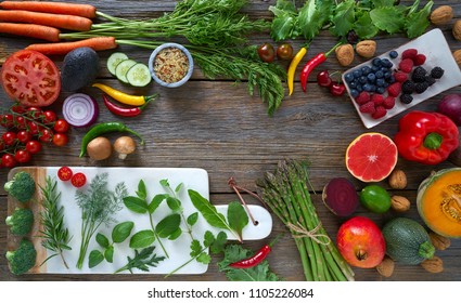 Healthy Food Vegetables For Heart Heath On Wooden Background