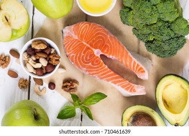 Healthy Food Vegetables , Nuts And Salmon . With Vitamin Omega 3