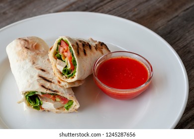 Healthy Food. Vegetarian Wrap With Tofu, Hummus And Hot Sauce. Part Of: Lettuce, Tomato, Cheese And Pita Bread.