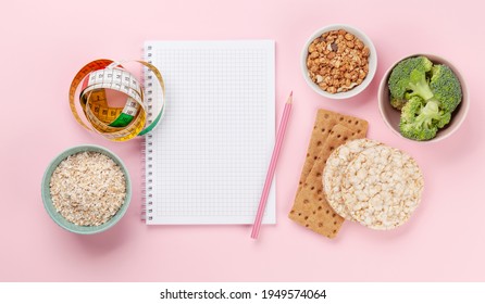 Healthy Food And Weigh Loss Concept. Diet And Fitness. Top View Flat Lay With Copy Space